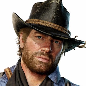 May include: A detailed portrait of a man with a weathered face, blue eyes, and a full beard. He wears a black cowboy hat with a braided band and a blue shirt with suspenders. The image is set against a white background.