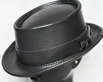 Skórzany kapelusz Pork Pie w kolorze czarnym, szyty ręcznie, unisex, wodoodporny