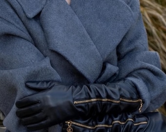 Nappa Long Leather Gloves with Red Silk Lining & Zipper Detail Handmade