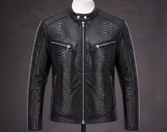 Svart pytonfärgad läderbikerjacka herr, äkta präglad motorcykeljacka, slim fit, handgjord, alla storlekar