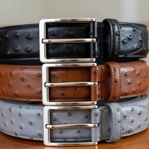 Puede incluir: Tres cinturones de cuero apilados verticalmente. Los cinturones son negro, marr&oacute;n y gris, cada uno con un patr&oacute;n texturizado y una hebilla plateada. Los cinturones son probablemente para pantalones.