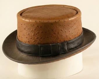 Ostrich Print Cowhide Leather Pork Pie Hat with Texas Leather Band for Unisex Handmade