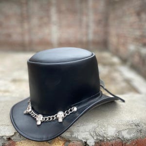 Handmade Black Leather Hat With Skull Chain Steampunk Top Hat Gothic Hat Cowboy Hat Western Style Hat Victorian Top Hat Gift for Her or Him