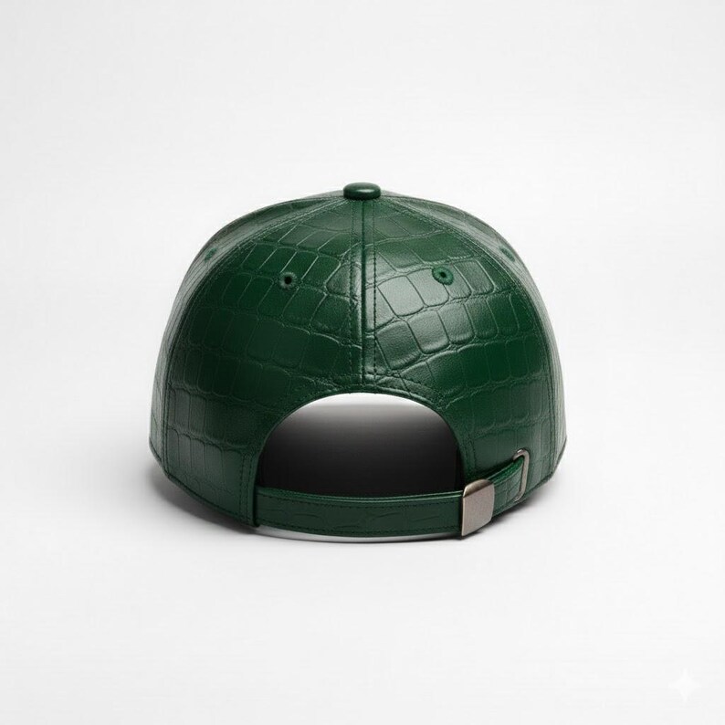 May include: A dark green baseball cap with a textured, crocodile-like pattern. The cap has a curved brim and an adjustable strap with a metal buckle. The cap is made of a leather-like material.