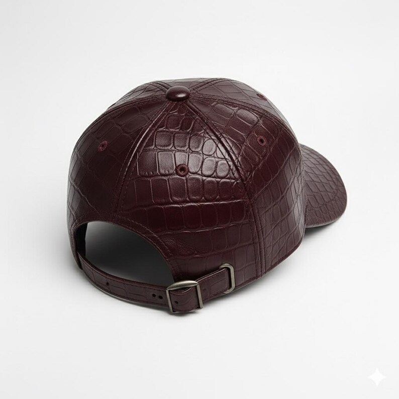 May include: A burgundy baseball cap with a textured, crocodile-like pattern. The cap features a curved brim, a button on top, and an adjustable strap with a metal buckle. The hat is made of a shiny material.