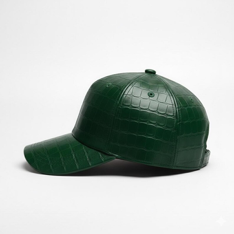 May include: A dark green baseball cap with a textured, crocodile-like pattern. The cap has a curved brim and an adjustable strap at the back. The cap is made of a shiny material.