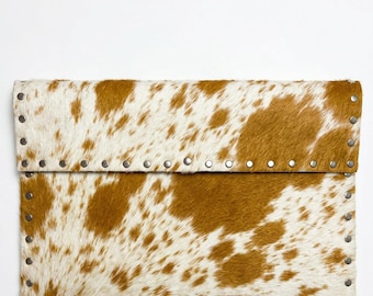 Cowhide Laptop Sleeve Genuine Leather MacBook Case Western Hair On Hide Computer Cover Handmade