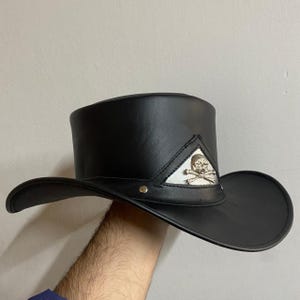 Handmade Skull Leather Top Hat Black Steampunk Gothic Victorian Costume Hat Burning Man Cosplay Biker Cowboy El Dorado Style Cap