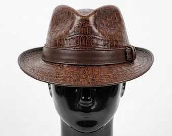 Fedorahatt i krokodilläder, unisex, cowboyhatt i westernstil i outback-stil, äkta läder, brett brätte, handgjord