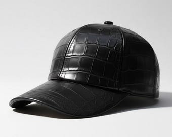 Black Handmade Crocodile Leather Baseball Cap – Unisex Luxury Streetwear Embossed Exotic Hat