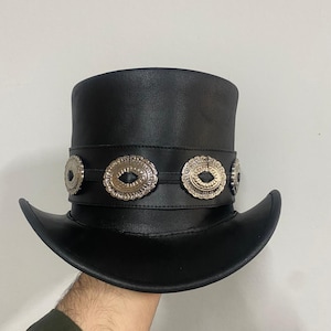 Handmade Black Leather Top Hat Rocker Style Black Topper Conchos Band Style 100%Cowhide Leather Gothic Hat Gift for Him or Her New with Tags