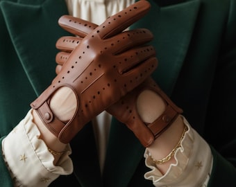 Körhandskar i läder för damer i sadelbrun, eleganta damhandskar