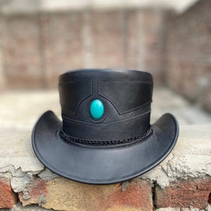 Handmade Black Leather Top Hat with Blue Button Gothic Steampunk top hat cowboy hat western style hat Biker Hat gift for her or him