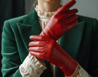 Minimalistiska läderhandskar för kvinnor i rött nappaläder, handgjorda