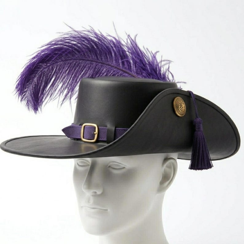 Black Leather Cavalier Hat With Large Feather Plume – Pirate Captain ...