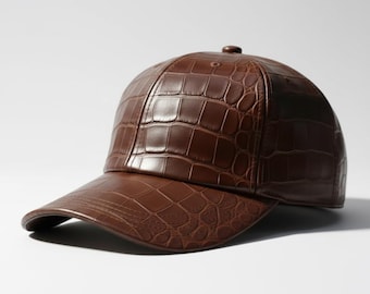 Dark Brown, Baseball adjustable Cap Handmade Unisex Luxury Streetwear Hat Crocodile Embossed Leather