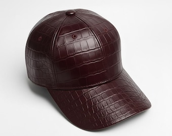 Burgundy Crocodile Embossed Leather Baseball adjustable Cap Handmade Luxury Hat