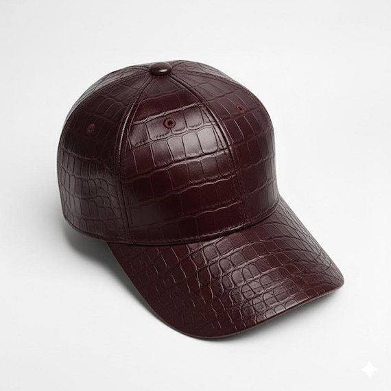 Burgundy Crocodile Embossed Leather Baseball adjustable Cap Handmade Luxury Hat