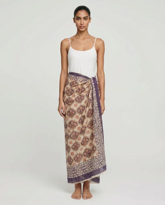 Dusty Purple Floral Block Print Cotton Sarong Pareo, Hand Printed Beach Wrap, Slow Fashion Resort Coverup, Boho Skirt