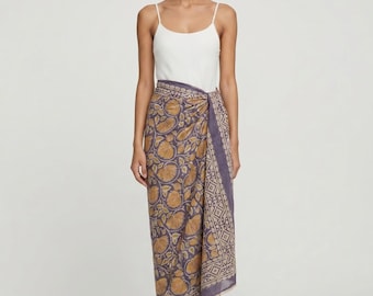 Dusty Purple Mustard Floral Hand Block Print Cotton Sarong, Boho Beach Cover Up, Slow Fashion Sustainable Cotton Wrap Skirt