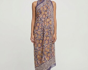 Dusty Purple Marigold Floral Hand Block Print Cotton Sarong, Boho Beach Coverup, Slow Fashion Resort Wear, Sustainable Cotton Pareo