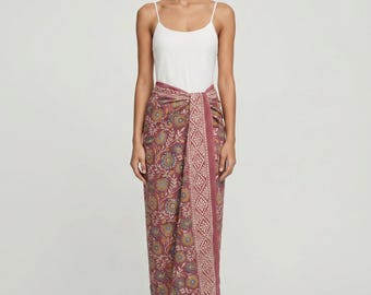 Rose Pink Floral Hand Block Print Cotton Sarong, Boho Beach Cover Up, Slow Fashion Resort Wrap, Sustainable Cotton Pareo