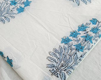 Turquoise Blue Floral Hand Block Print Cotton Fabric by the Yard, Cottagecore Quilting Cotton Yardage, Boho Dress Fabric, Slow Fashion