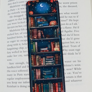 Cute halloween bookmark - Bookshelves with halloween decoration bookmark - Cozy library bookmark with books - Book lover gift - id0369
