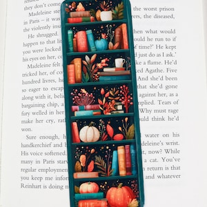 Cute autumn bookmark - Bookshelves with fall decoration bookmark - Cozy library bookmark with books - Book lover gift - id0336