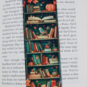 Cute autumn bookmark - Bookshelves with fall decoration bookmark - Cozy library bookmark with books - Book lover gift - id0340