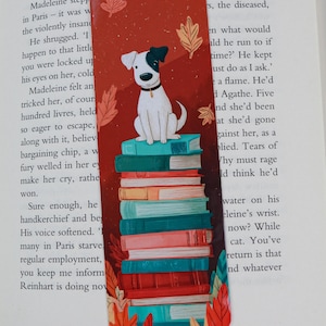 Cute autumn bookmark  -  Cute dog with books bookmark - Book lover gift - Fall bookmark - id0368