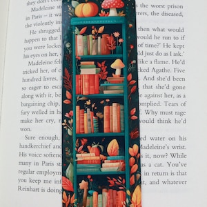 Cute autumn bookmark - Bookshelves with fall decoration bookmark - Cozy library bookmark with books - Book lover gift - id0337