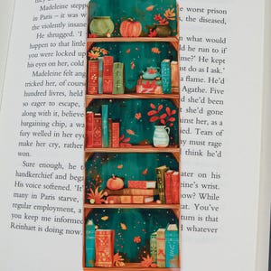 Cute autumn bookmark - Bookshelves with fall decoration bookmark - Cozy library bookmark with books - Book lover gift - id0338