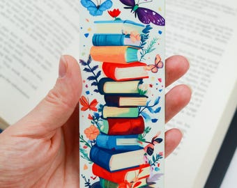 Cute spring bookmark - Bookmark with books, flowers and butterflies - Book lover gift - Fantasy reader gift - id0273