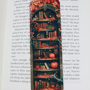 Cute autumn bookmark - Bookshelves with fall decoration bookmark - Cozy library bookmark with books - Book lover gift - id0339