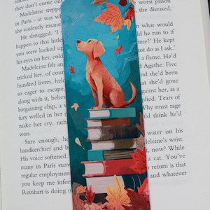 Cute autumn bookmark  -  Cute dog with books bookmark - Book lover gift - Fall bookmark - id0367