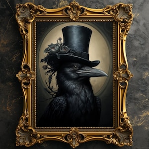 Raven Portrait with Hat Print, Gothic Artwork, Vintage Animal Decor, Black Bird Wall Art, Victorian Style