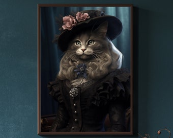 Female Cat Gothic Style, Dark Academia Decor, Gothic Wall Decor, Victorian Cat Art, Gothic Animal