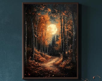 Forest on Full Moon Wall Art Print, Vintage Botanical Poster, Cottagecore Aesthetic Room Decor, Dark Academia Art Gift, Moody Painting