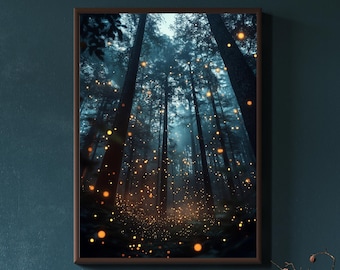 Forest Wall Art Print, Dark Maximalist Nature Poster, Enchanted Firefly Decor, Moody Botanical Canvas, Forest Fantasy Landscape.