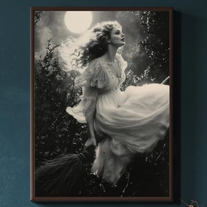 Beautiful Vintage Witch on Broom Art Print | Witchy Wall Decor | Retro Halloween Print | Dark Academia & Gothic Cottagecore Aesthetic