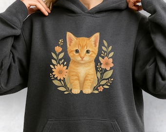 Cute Orange Kitten Sweatshirt, Floral Cat Hoodie, Boho Cat Lover Sweatshirt, Sweet Kitty, Gift For Cat Mom, Adorable Kitten Graphic Sweater