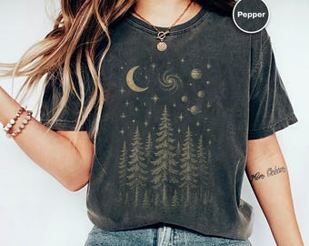 Celestial Forest Comfort Colors Shirt, Boho Cosmic Nature Tee, Pine Trees, Stars, Moon & Galaxy Sky, Mystical Camping Woodland Graphic Shirt