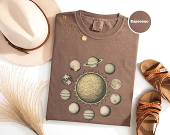 Camiseta de astronomia, camiseta do sistema solar, camiseta com estampa do sol e dos planetas, presente retrô de ciência espacial, design celestial vintage, camiseta com planetas cósmicos