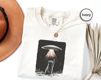 Shirt UFO Cat, Alien Spaceship Abduction Comfort Kleuren T-shirt, Funny Cat Graphic T-shirt, Outer Space Galaxy Alien Cat T-shirt, cadeau huisdierliefhebber
