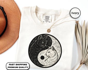 Yin Yang Cats Shirt, Black and White Cats Tee, Spiritual Feline Shirt, Celestial Cat Unisex Shirt, Cat Lover Gift