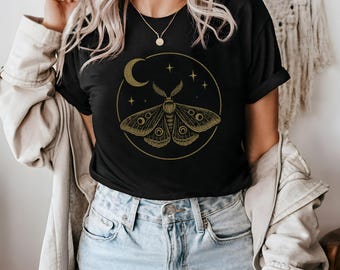 Witchy Moth Shirt, Boho Moth Tee, Celestial Insect Graphic Shirt, Mystic Moon And Stars Tee, Spiritual Nature Vibes Shirt, Aesthetic Tee