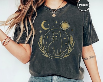 Witchy Cat Shirt, Comfort Colors Celestial Tee, Sun And Moon Cat Graphic Shirt, Mystical Cat Lover Gift, Boho Astrology Shirt, Occult Tee
