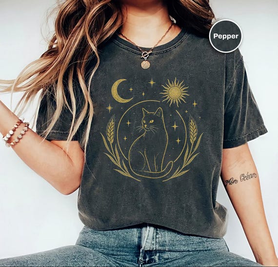 Witchy Cat Shirt, Comfort Colors Celestial Tee, Sun And Moon Cat Graphic Shirt, Mystical Cat Lover Gift, Boho Astrology Shirt, Occult Tee