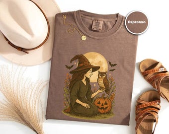 Witch Pumpkin Comfort Colors Shirt, Floral Halloween Tee, Witch And Owl Boho Shirt, Jack O Lantern Witchy Shirt, Spooky Season Gothic Gift
